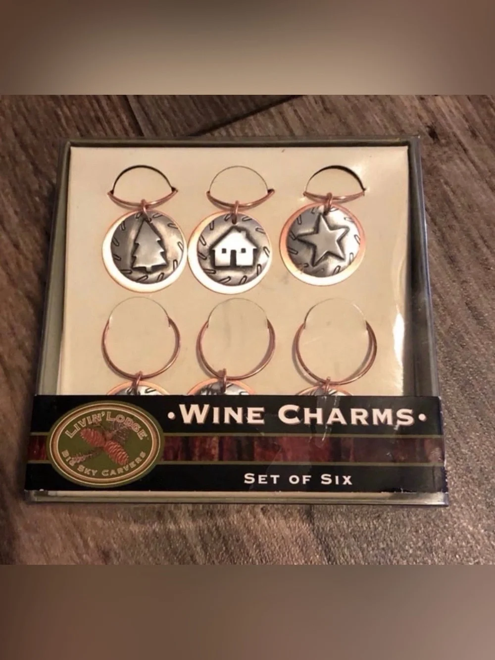 Livin’ Lodge Wine Glass Charms Set of 6 Rustic Metal NIP Bar Accessories